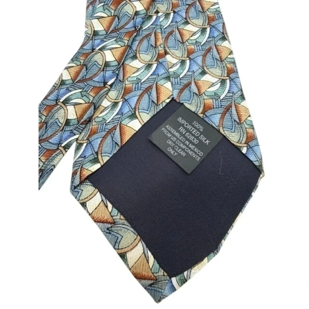 J. Garcia Mens Silk‎ Necktie Abstract Geometric Blue Gold Brown Art Tie RN 62830